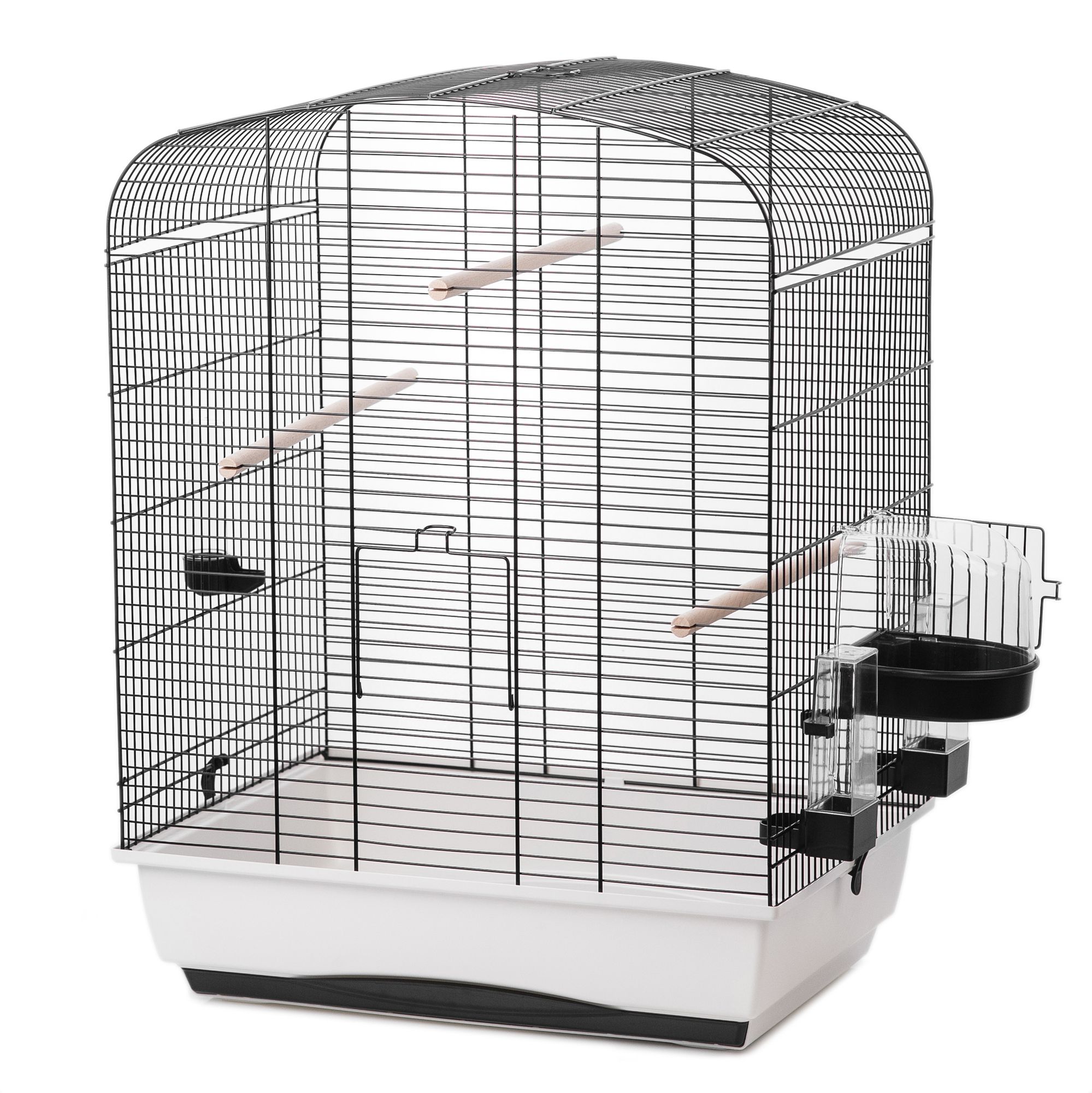 Detailansicht eines Vogelkäfigs mit schwarzen Gittern, weißer Basis, mehreren Holzstangen und seitlichem Futter‑/Wasserbereich.