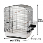 Technische Ansicht eines Vogelkäfigs mit Maßen 71×54×39 cm, schwarzen Gittern, weißer Basis, Holzstangen und seitlichem Futterbereich.