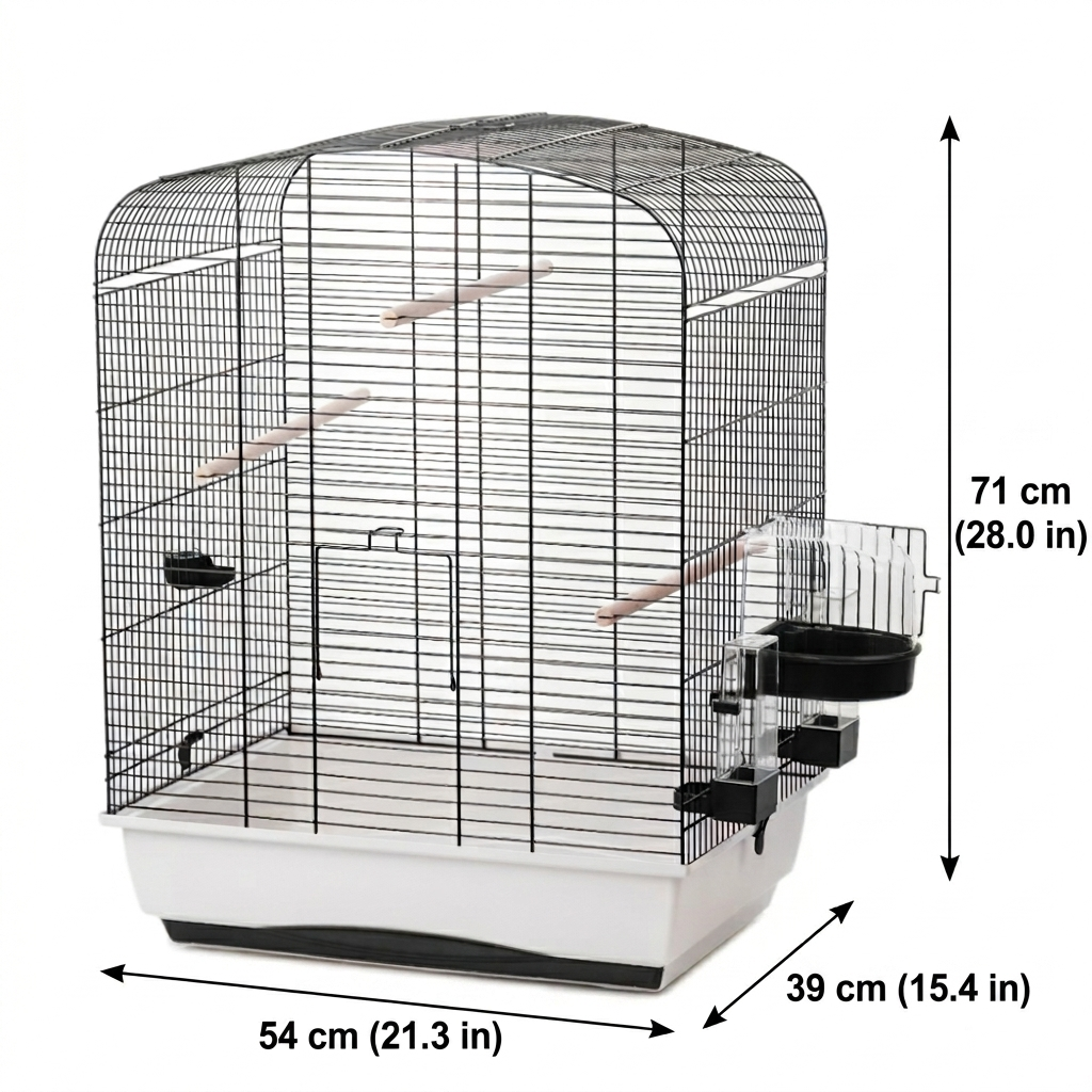 Technische Ansicht eines Vogelkäfigs mit Maßen 71×54×39 cm, schwarzen Gittern, weißer Basis, Holzstangen und seitlichem Futterbereich.