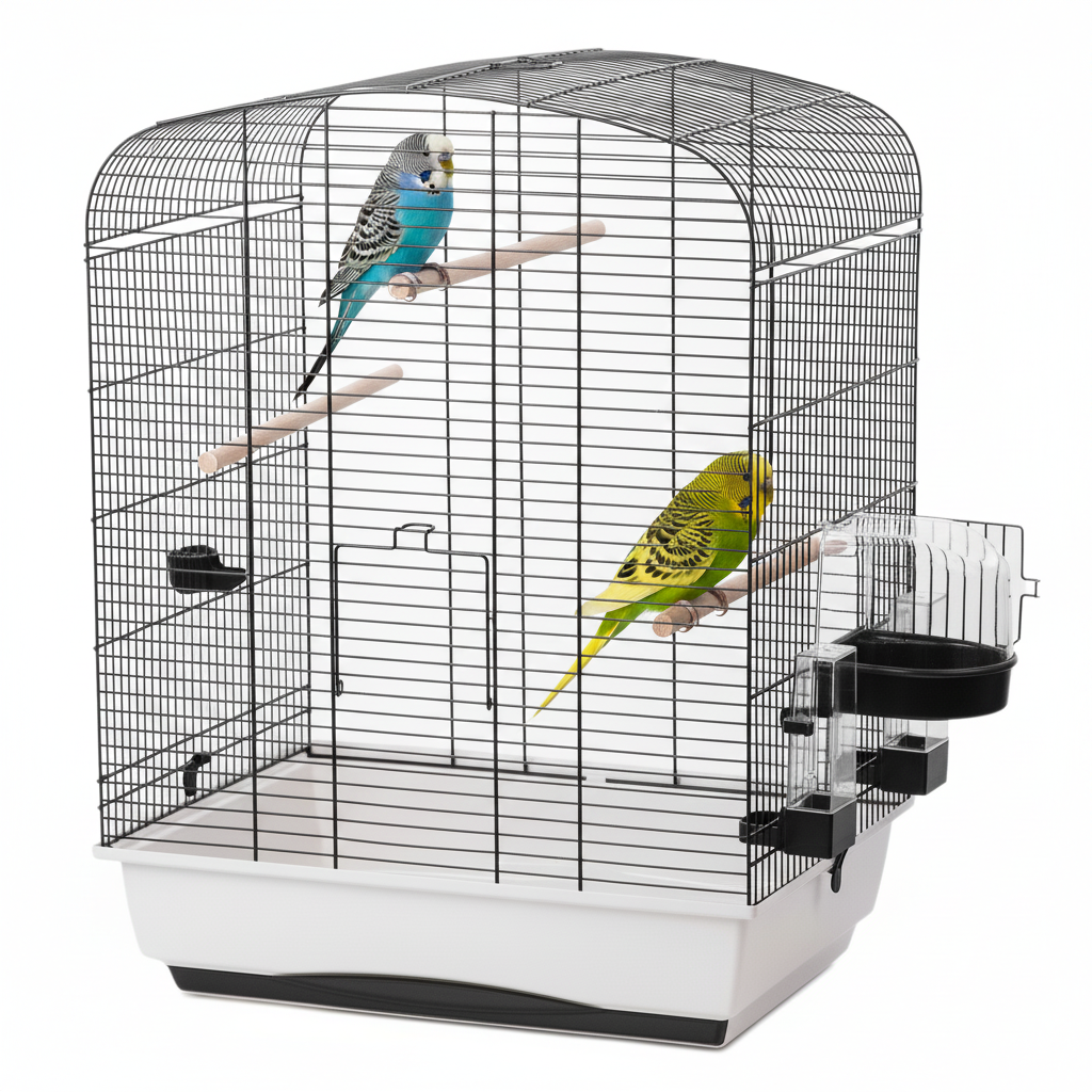 Innenansicht eines Vogelkäfigs mit zwei Wellensittichen auf Holzstangen, schwarzem Gitter, weißer Basis und Futter‑/Wasserstation.