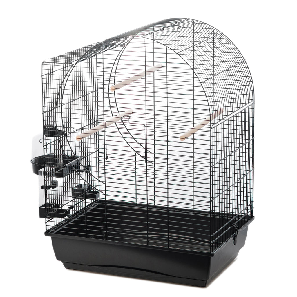 Leerer Vogelkäfig "Elizabeth" mit schwarzen Gittern, weißer Basis, mehreren Holzstangen und seitlichen Futter‑/Wasserbehältern. Klare, neutrale Ansicht.