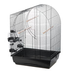 Leerer Vogelkäfig "Elizabeth" mit schwarzen Gittern, weißer Basis, mehreren Holzstangen und seitlichen Futter‑/Wasserbehältern. Klare, neutrale Ansicht.