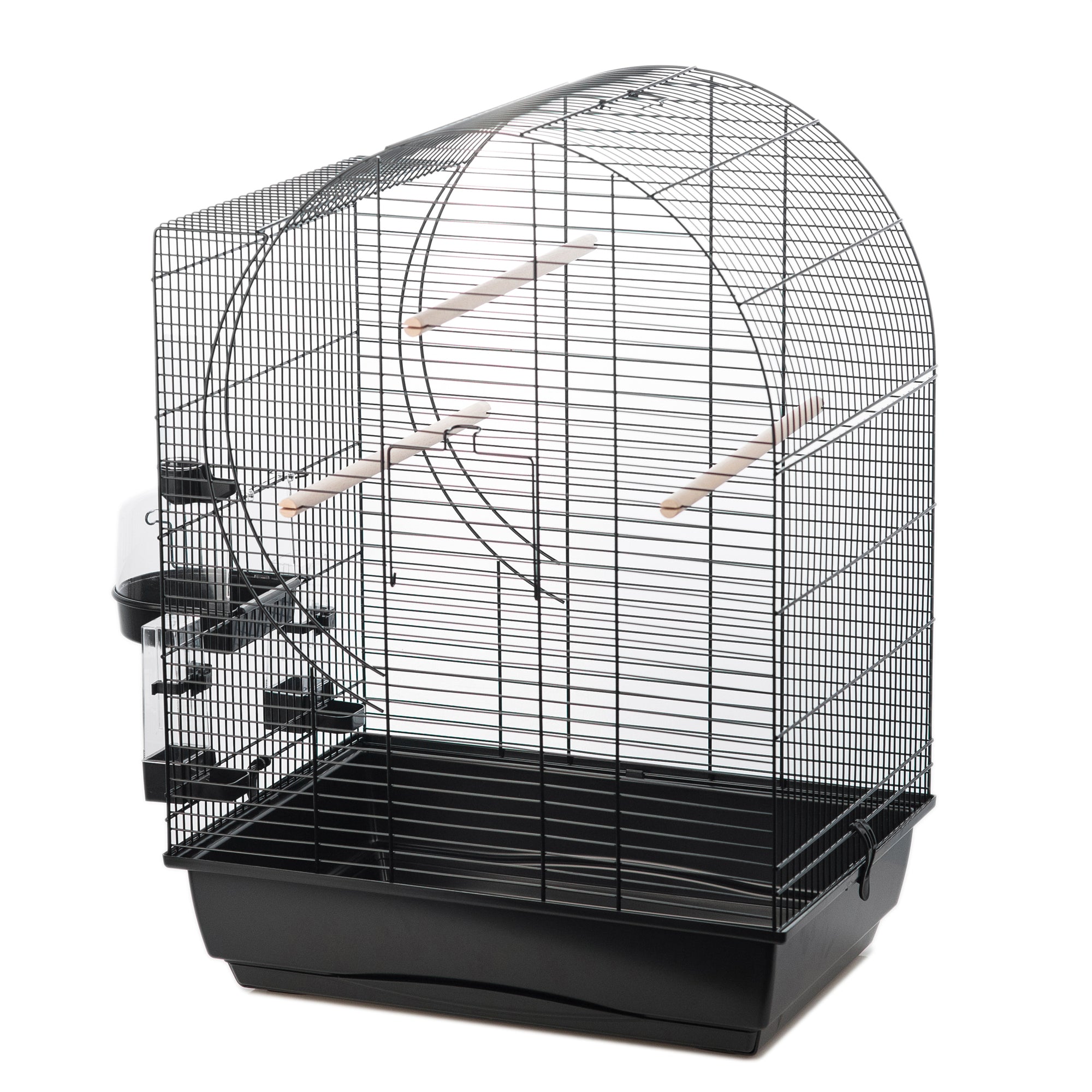 Leerer Vogelkäfig "Elizabeth" mit schwarzen Gittern, weißer Basis, mehreren Holzstangen und seitlichen Futter‑/Wasserbehältern. Klare, neutrale Ansicht.