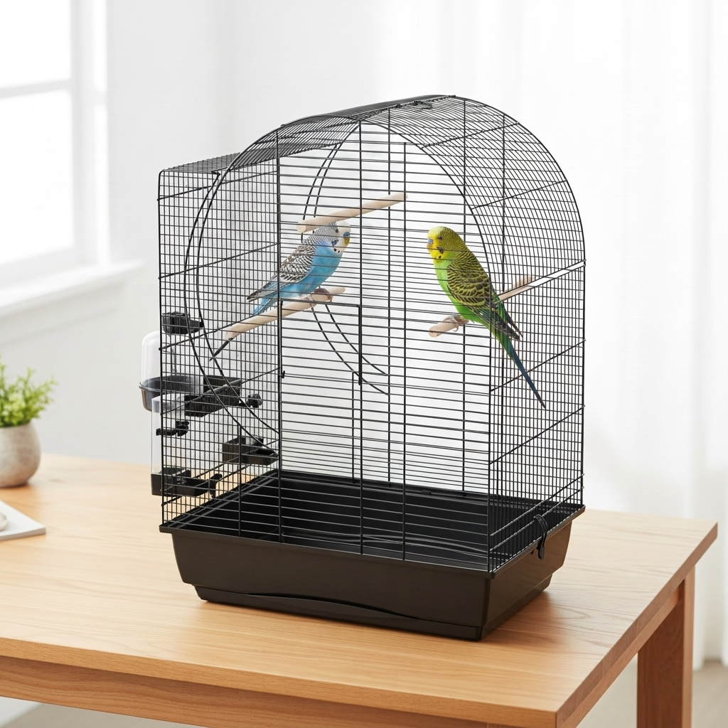 Vogelkäfig "Elizabeth" auf Holztisch mit zwei Wellensittichen (blau/weiß und grün/gelb), Holzstangen, Futter‑ und Wasserbehälter. Heller Hintergrund mit Pflanze.