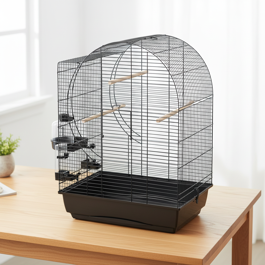 Leerer Vogelkäfig "Elizabeth" auf Holztisch, schwarze Gitter, weiße Basis, Holzstangen und seitliche Futterbehälter. Helles Zimmer mit Vorhang und Pflanze.