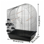 Technische Ansicht eines Vogelkäfigs mit Maßen 75×54×39 cm, schwarzen Gittern, weißer Basis, Holzstangen und seitlichen Futtercups.
