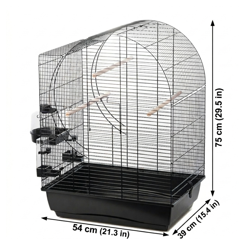 Technische Ansicht eines Vogelkäfigs mit Maßen 75×54×39 cm, schwarzen Gittern, weißer Basis, Holzstangen und seitlichen Futtercups.