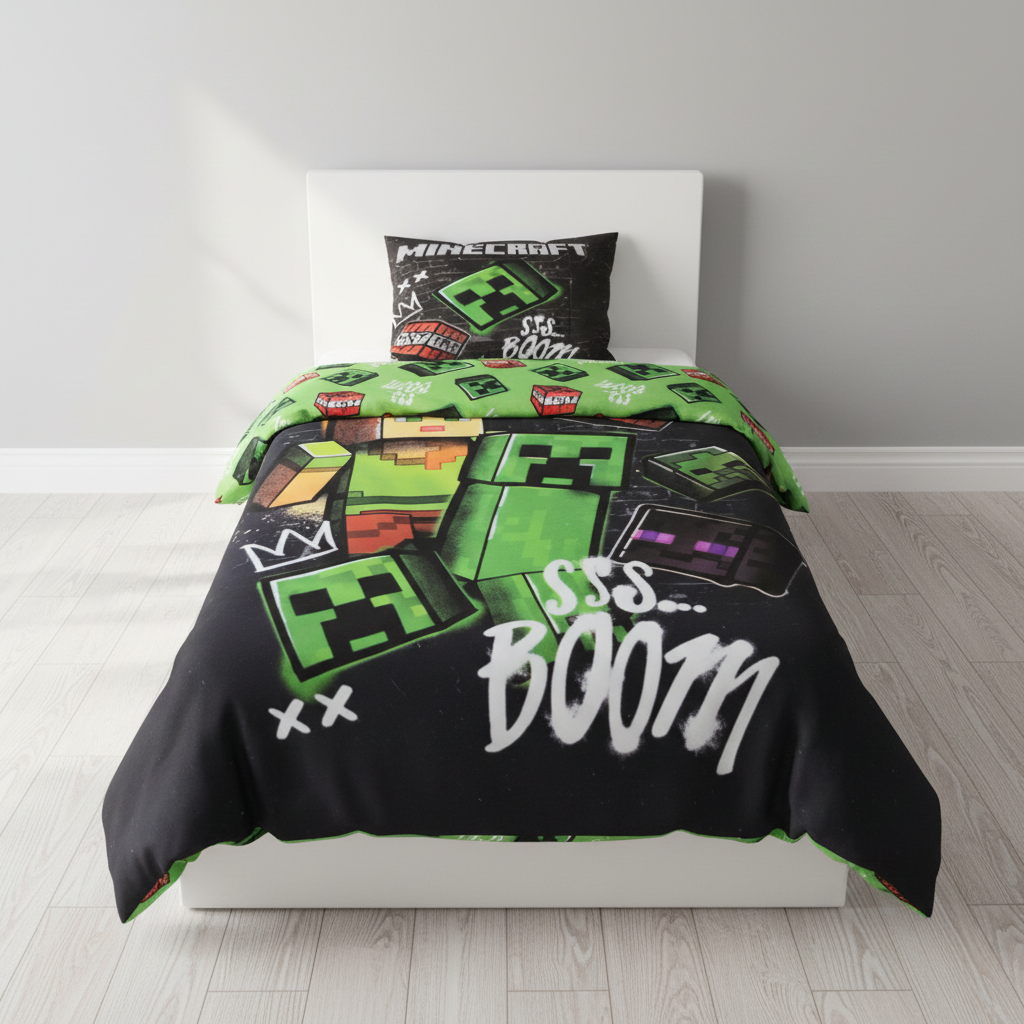 Frontansicht eines Minecraft‑Bettwäsche‑Sets mit Creeper, Spielerfigur, TNT‑Symbolen und großem „SSS… BOOM“-Schriftzug. Kissen mit Minecraft‑Logo.