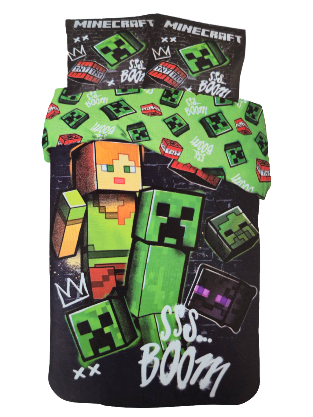 Vorder‑ und Rückseite eines Minecraft‑Bettwäsche‑Sets mit Creeper, Spielerfigur, TNT‑Blöcken und „SSS… BOOM“-Schriftzug. Kissen und Decke im passenden Pixelstil.