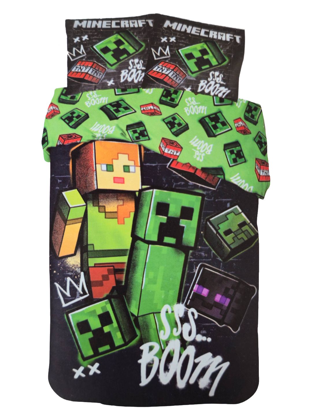 Vorder‑ und Rückseite eines Minecraft‑Bettwäsche‑Sets mit Creeper, Spielerfigur, TNT‑Blöcken und „SSS… BOOM“-Schriftzug. Kissen und Decke im passenden Pixelstil.
