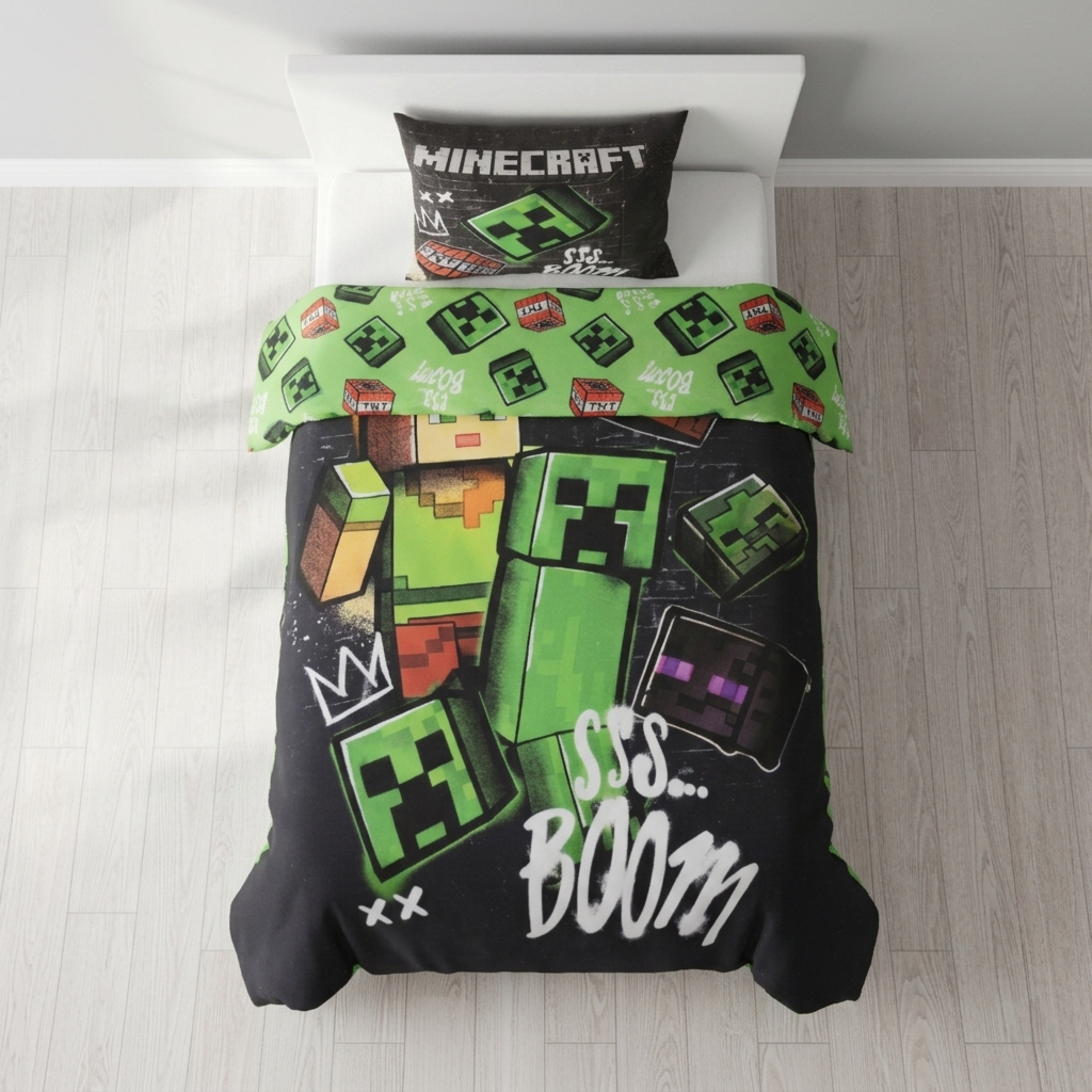 Bett mit Minecraft‑Bettwäsche, Creeper‑Motiven, TNT‑Blöcken und „SSS… BOOM“-Text. Helles Zimmer mit weißem Kopfteil und Holzfußboden.