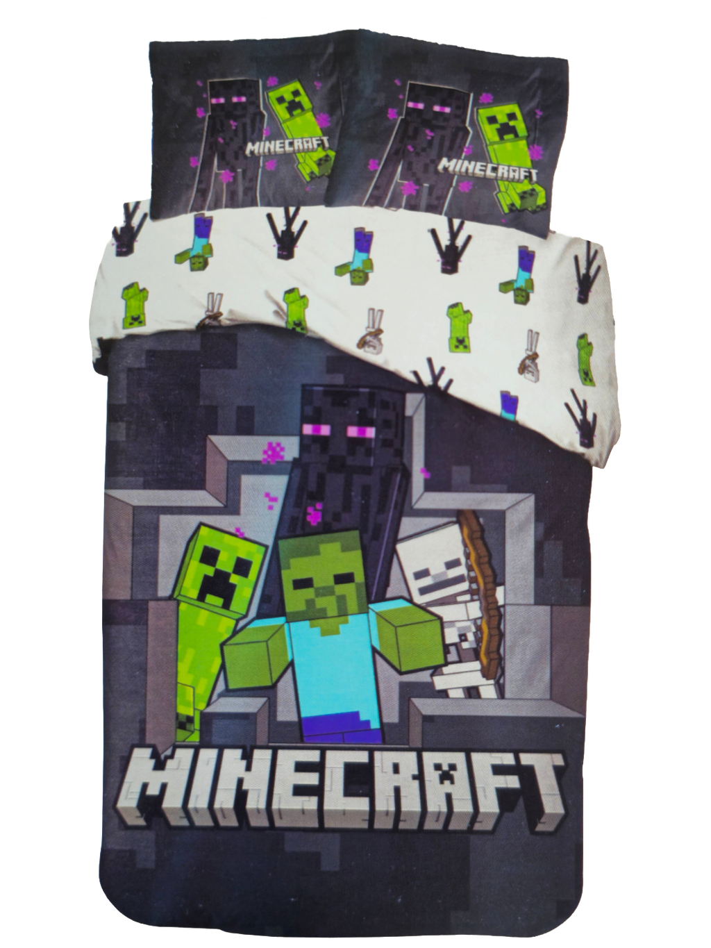 Detailansicht eines Minecraft‑Bettwäsche‑Sets mit Creeper, Zombie, Skelett und Enderman. Pixel‑Look, klarer Druck, Kissen mit Logo.