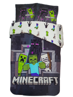 Detailansicht eines Minecraft‑Bettwäsche‑Sets mit Creeper, Zombie, Skelett und Enderman. Pixel‑Look, klarer Druck, Kissen mit Logo.