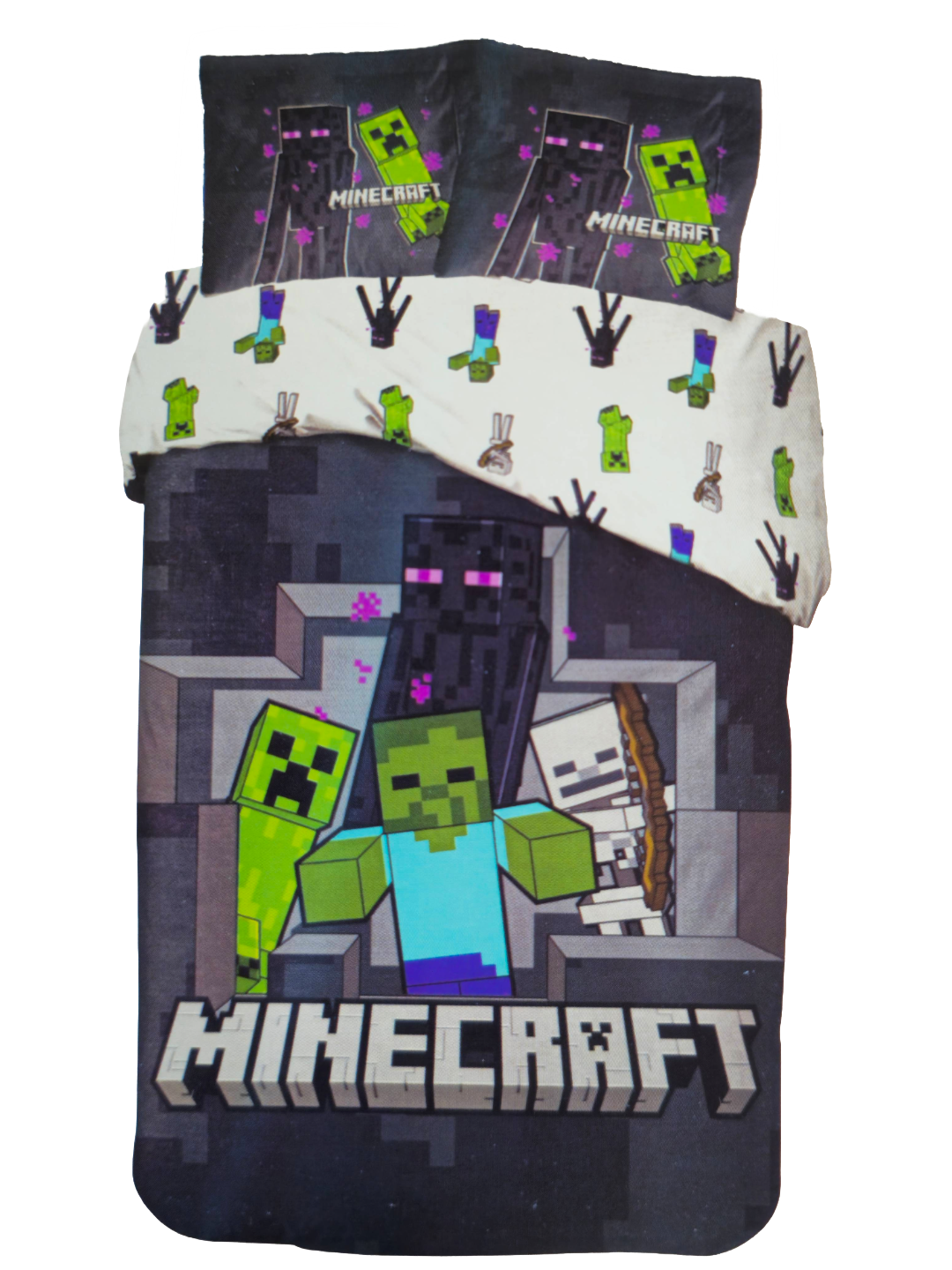 Detailansicht eines Minecraft‑Bettwäsche‑Sets mit Creeper, Zombie, Skelett und Enderman. Pixel‑Look, klarer Druck, Kissen mit Logo.