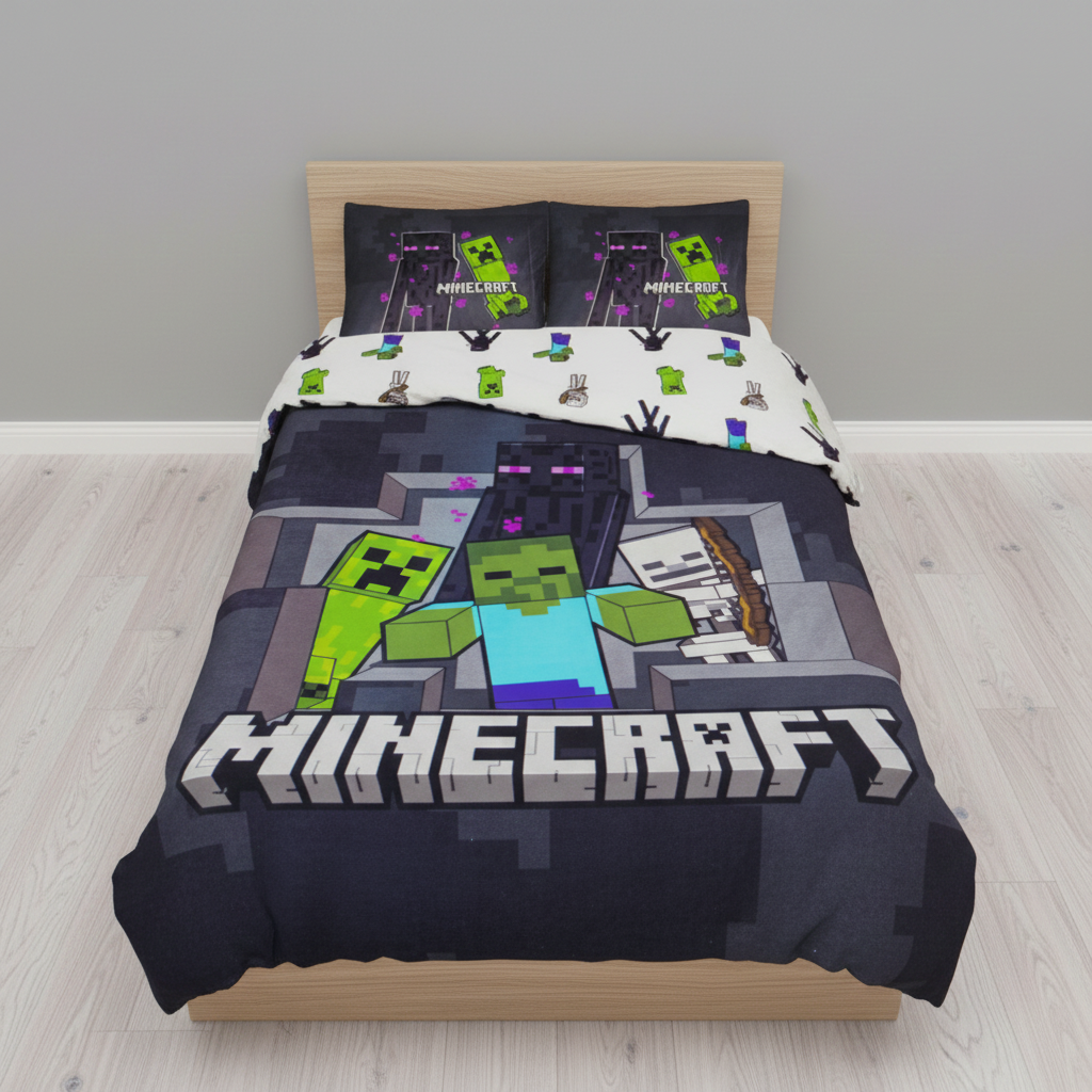 Frontansicht eines Minecraft‑Bettwäsche‑Sets mit Creeper, Zombie, Skelett und Enderman. Großes „Minecraft“-Logo, Pixel‑Design, passendes Kissen.