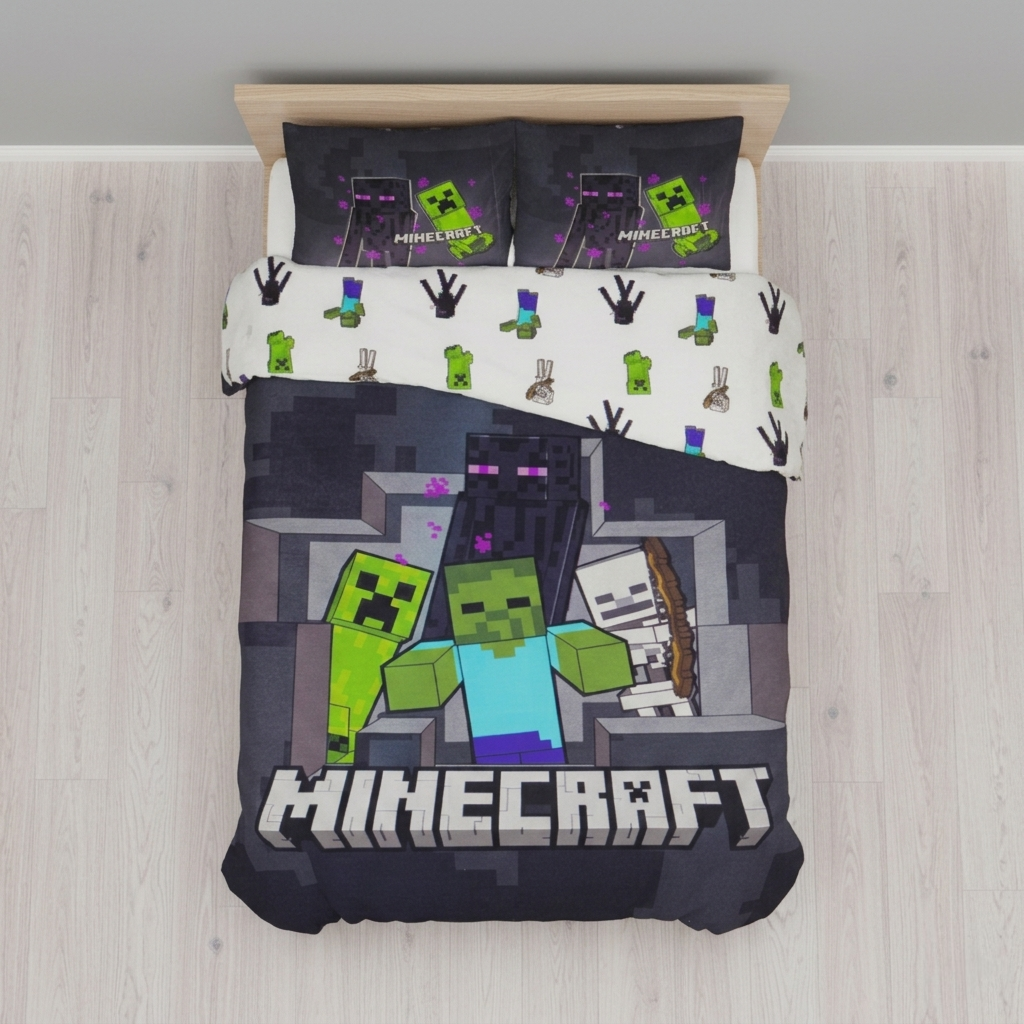 Bett mit Minecraft‑Bettwäsche, Pixel‑Charakteren und großem Logo. Helles Zimmer mit Holzfußboden und neutralem Hintergrund.