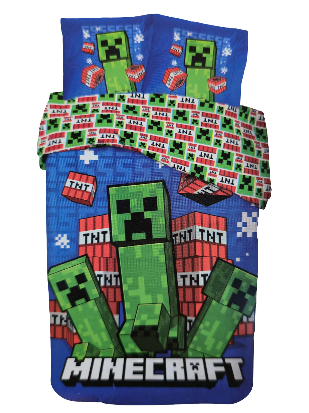 Detailansicht eines Minecraft‑Bettwäsche‑Sets mit Creeper‑Motiven, TNT‑Symbolen und Pixel‑Look. Klarer Druck, Kissen mit Creeper‑Grafik.