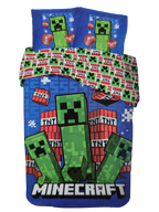 Detailansicht eines Minecraft‑Bettwäsche‑Sets mit Creeper‑Motiven, TNT‑Symbolen und Pixel‑Look. Klarer Druck, Kissen mit Creeper‑Grafik.
