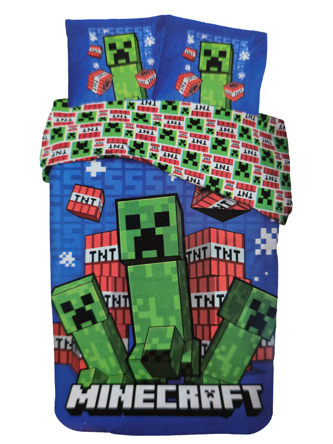 Detailansicht eines Minecraft‑Bettwäsche‑Sets mit Creeper‑Motiven, TNT‑Symbolen und Pixel‑Look. Klarer Druck, Kissen mit Creeper‑Grafik.