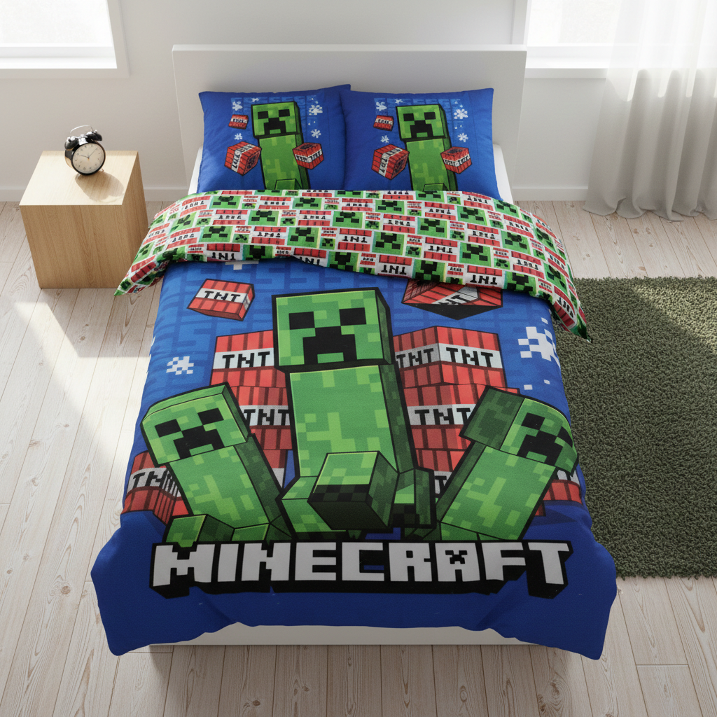 Frontansicht eines Minecraft‑Bettwäsche‑Sets mit großen Creeper‑Motiven, roten TNT‑Blöcken und weißem „Minecraft“-Logo. Passendes Kissen im Pixel‑Design.