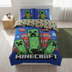 Frontansicht eines Minecraft‑Bettwäsche‑Sets mit großen Creeper‑Motiven, roten TNT‑Blöcken und weißem „Minecraft“-Logo. Passendes Kissen im Pixel‑Design.