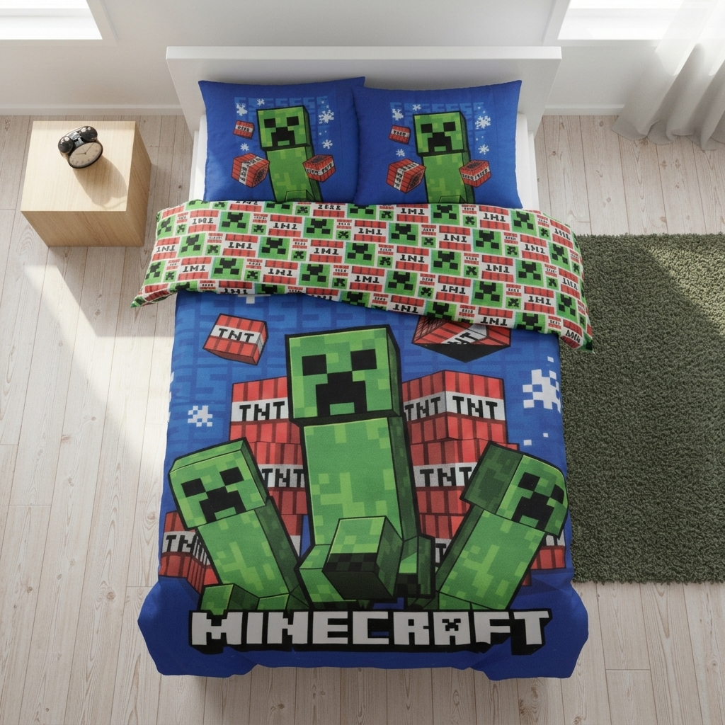 Bett mit Minecraft‑Bettwäsche, Creeper‑Figuren und TNT‑Blöcken. Helles Zimmer mit Holzfußboden, Nachttisch und grünem Teppich.