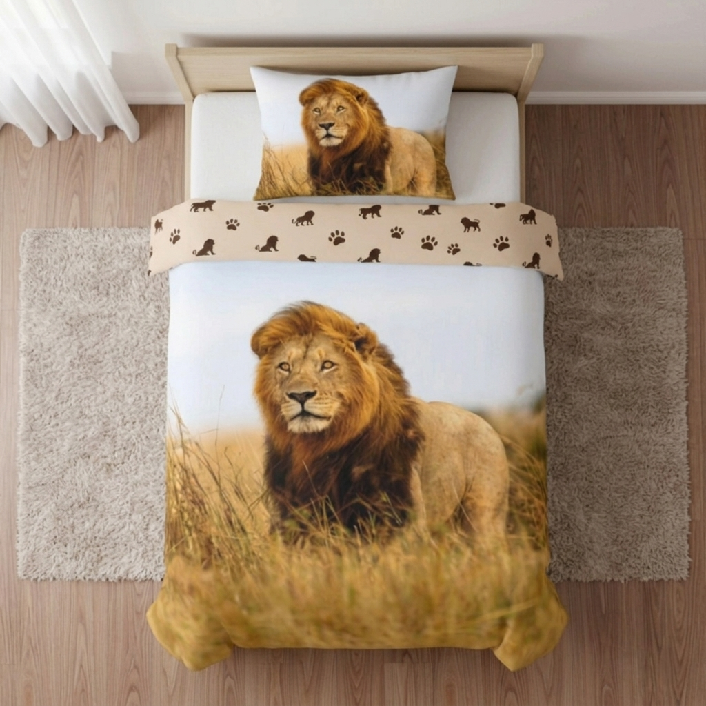 Bett mit Löwen‑Bettwäsche, realistischem Savannenmotiv und beige gemustertem Laken. Helles Zimmer mit Holzfußboden und Vorhang.