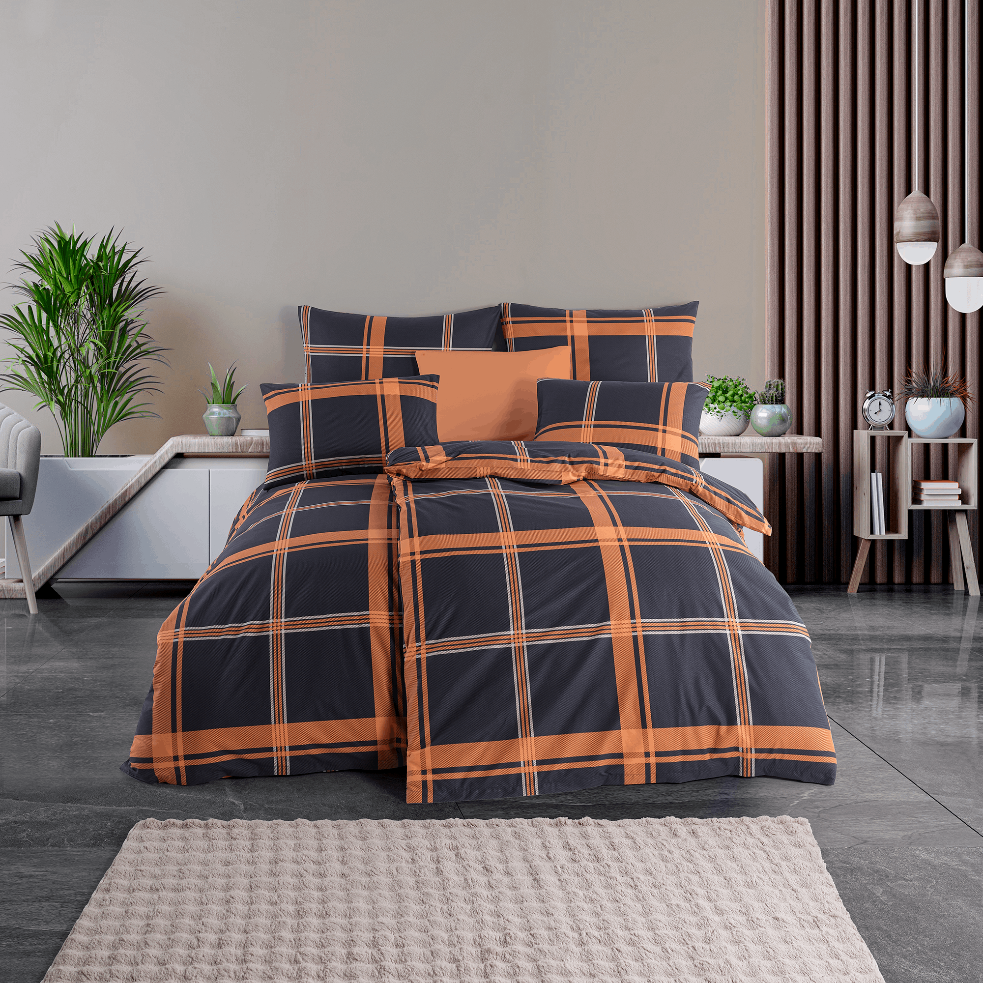 Klassisch karierte Bettwäsche komplett aufgezogen auf einem Doppelbett in einem modernen Schlafzimmer; das zeitlose Karo-Design kombiniert dunkles Anthrazitgrau mit warmen orangefarbenen und weißen Akzentstreifen.