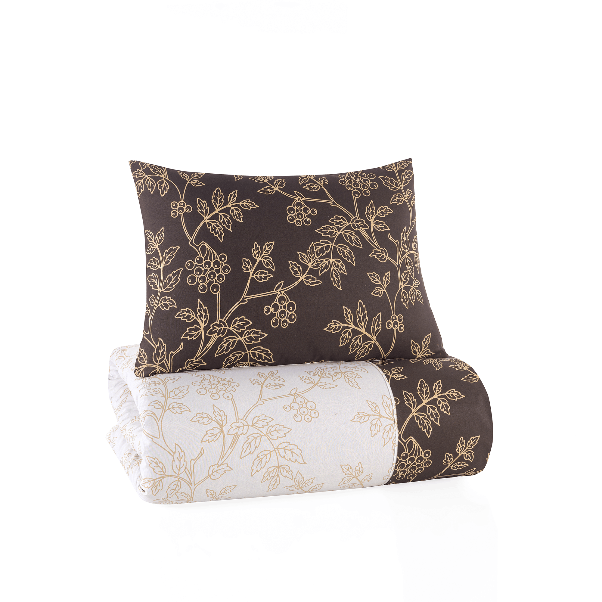 Gefaltetes Bettwäsche‑Set mit dunkelbraunem Kissen mit goldenen Blättern und heller Decke mit goldfarbenem botanischem Muster.