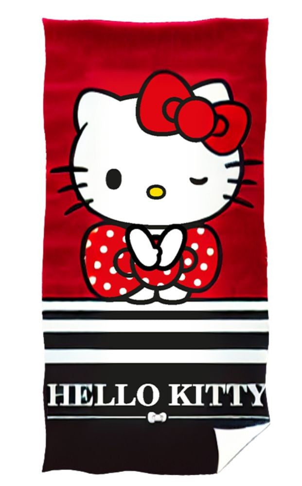 Handtuch mit Hello Kitty, roter Schleife und schwarz‑weißen Streifen. Unten weißer „HELLO KITTY“ Schriftzug auf schwarzem Feld.