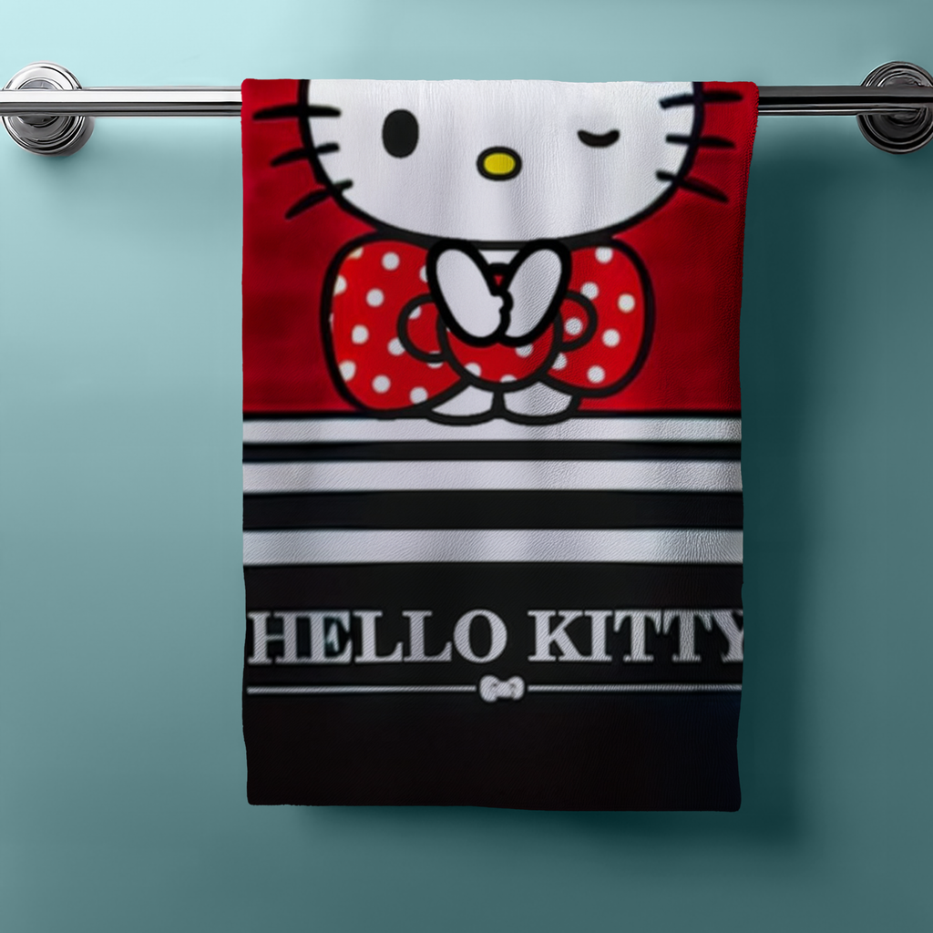 Hello‑Kitty‑Handtuch hängend, roter Hintergrund, Streifen, Kitty mit Schleife und „HELLO KITTY“ Schriftzug unten.