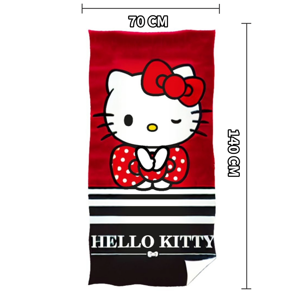 Hello‑Kitty‑Handtuch mit rotem Hintergrund, Streifen und weißem „HELLO KITTY“ Schriftzug. Maße 70×140 cm sichtbar.