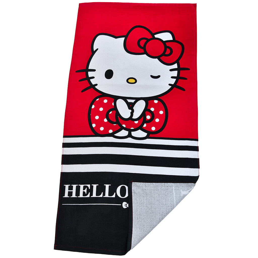 Handtuch mit Hello Kitty, roter Schleife und schwarz‑weißen Streifen. Unten weißer „HELLO KITTY“ Schriftzug auf schwarzem Feld.