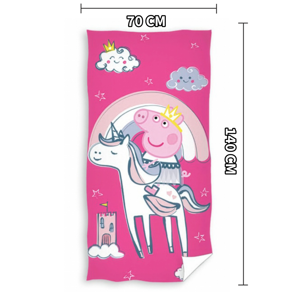 Handtuch in Pink mit Peppa auf Einhorn, Regenbogen und Wolken. Unten kleines Schloss. Maße 70×140 cm sichtbar.