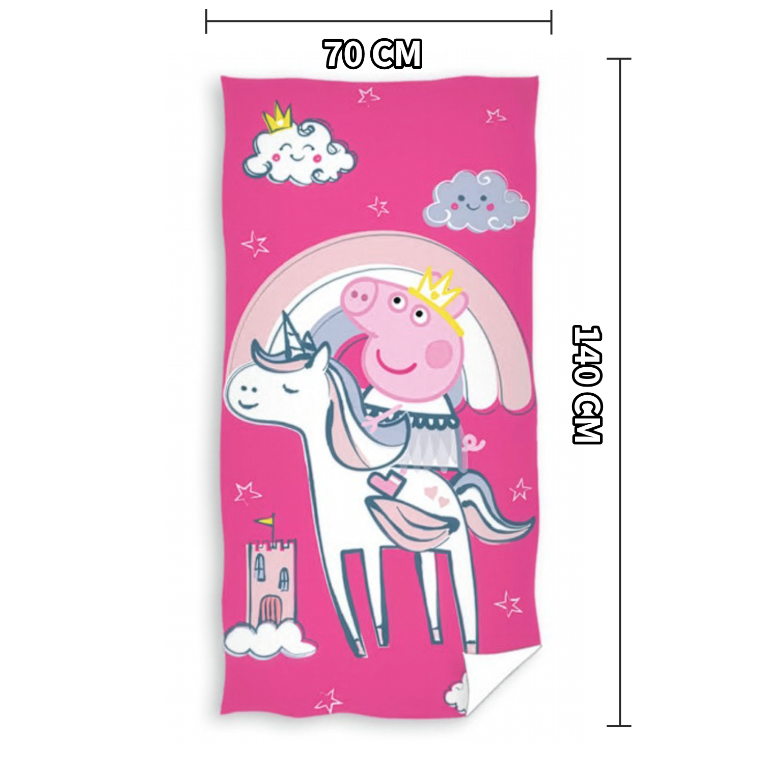 Handtuch in Pink mit Peppa auf Einhorn, Regenbogen und Wolken. Unten kleines Schloss. Maße 70×140 cm sichtbar.