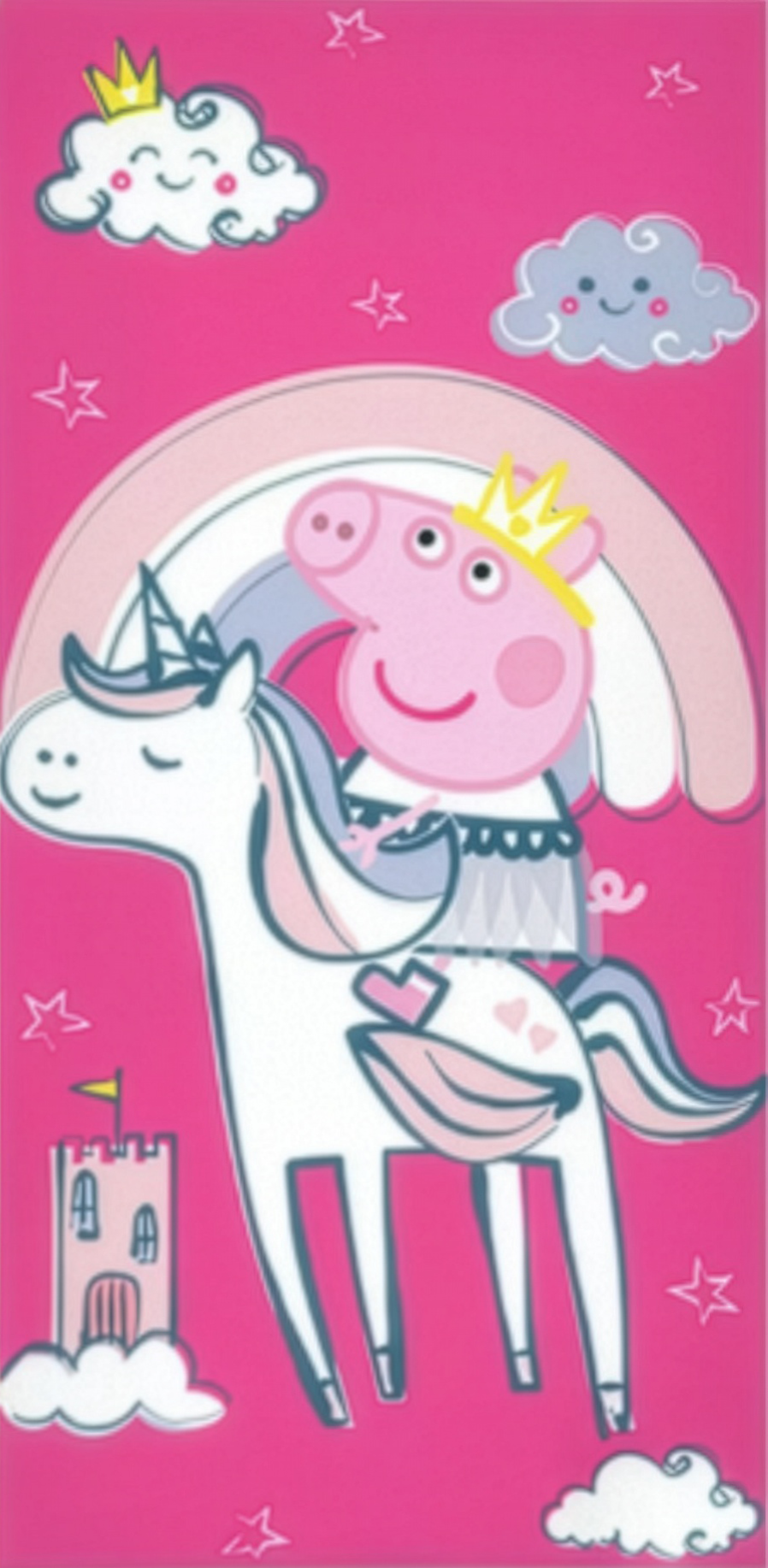 Grafisches Motiv mit Peppa auf Einhorn, Regenbogen, Wolken und kleinem Schloss. Pinker Hintergrund mit Sternen.