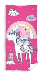 Pinker Handtuchdruck mit Peppa auf Einhorn, Regenbogen, Wolken und Schloss. Verspieltes Fantasy‑Design.