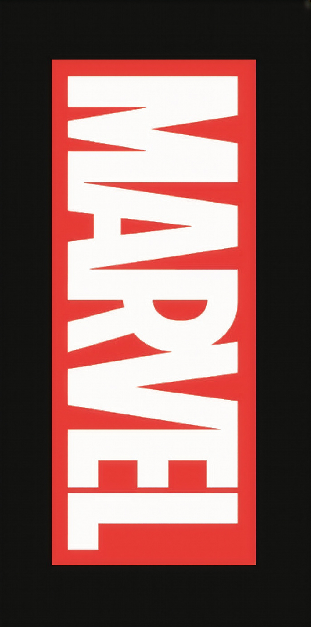 Rotes Marvel‑Logo mit weißen Buchstaben auf schwarzem Hintergrund, vertikal ausgerichtet.