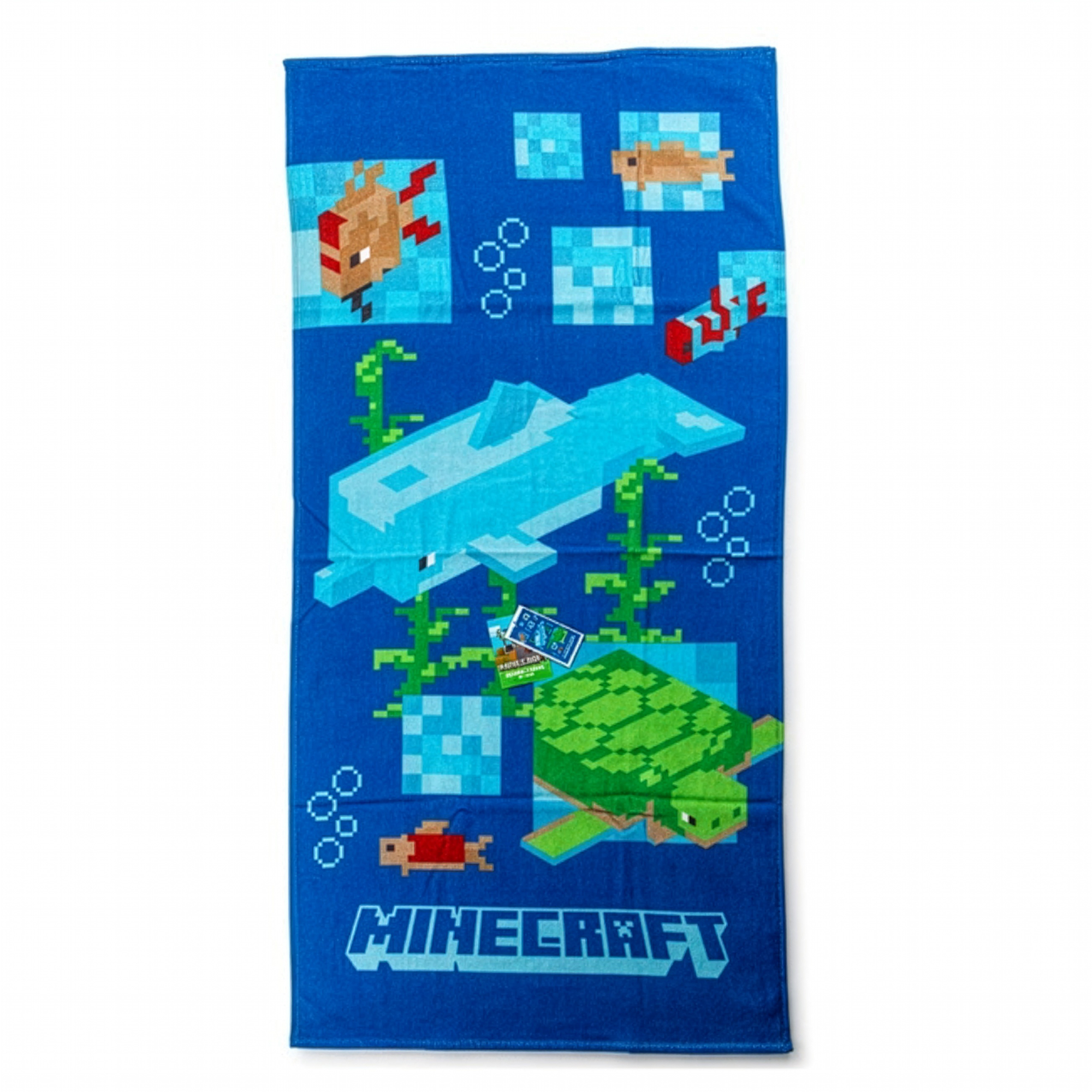 Grafisches Minecraft‑Unterwassermotiv mit Delfin, Schildkröte, Fischen, Seegras und Minecraft‑Logo auf blauem Hintergrund.
