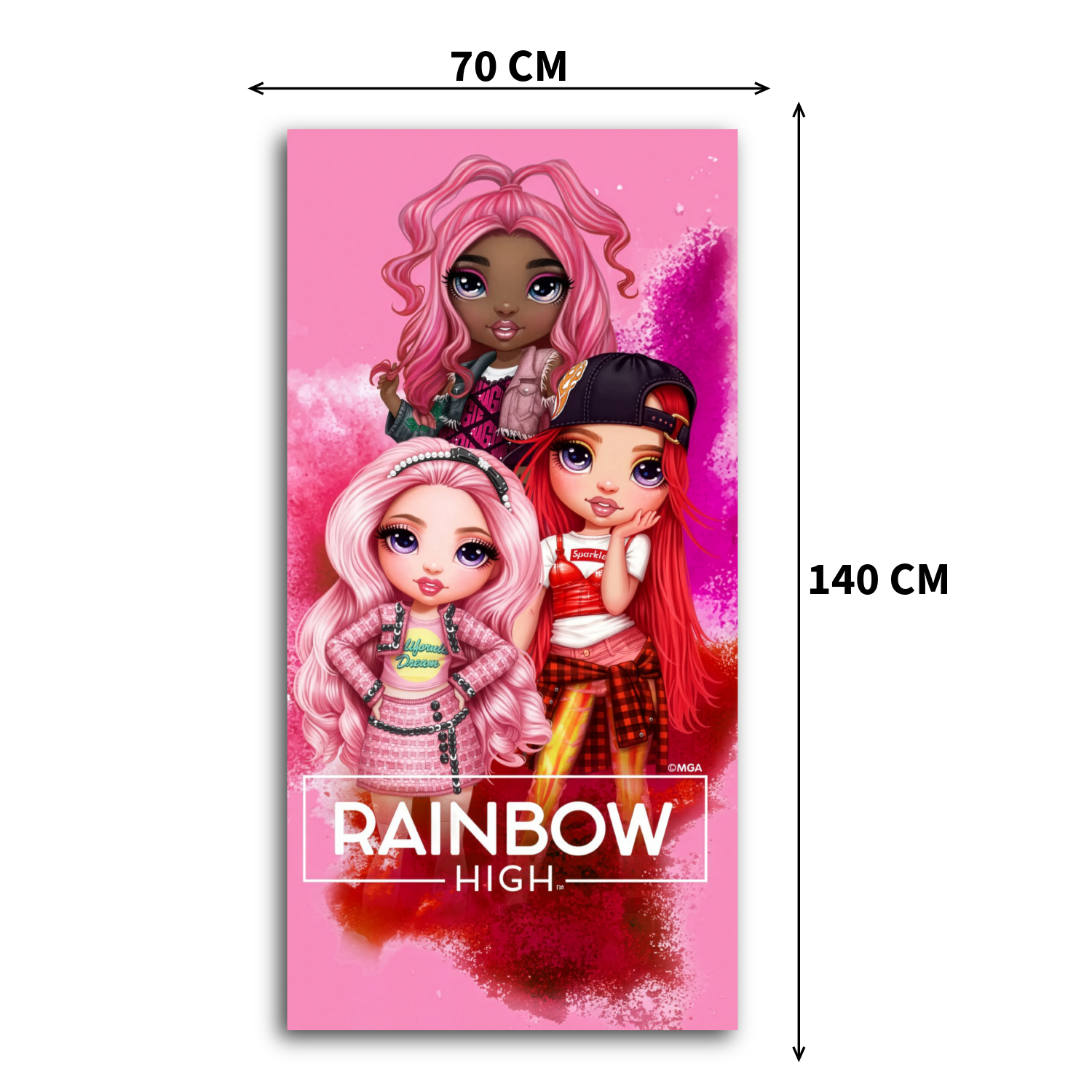 Handtuch mit drei Rainbow‑High‑Figuren auf pinkem Hintergrund. Unten weißes „RAINBOW HIGH“. Maße 70×140 cm sichtbar.