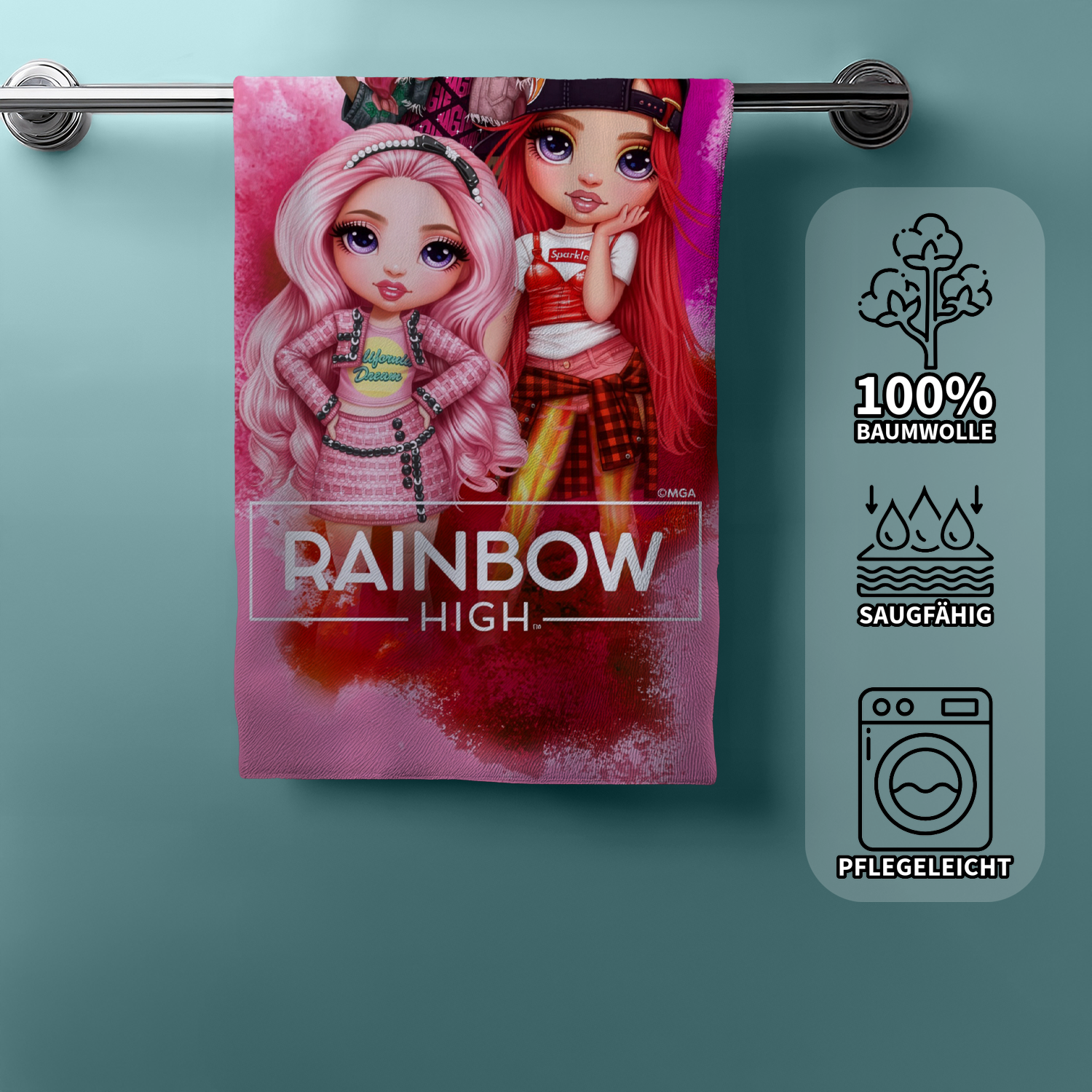 Hängendes Rainbow‑High‑Handtuch mit zwei Figuren. Rechts Icons: 100% Baumwolle, saugfähig, pflegeleicht.