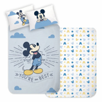 Bettwäsche‑Set mit Vorderseite: großer Mickey und „YOU’RE THE BEST“. Rückseite: blau‑gelbes Mickey‑Kopf‑Muster. Zwei passende Mickey‑Kissen.