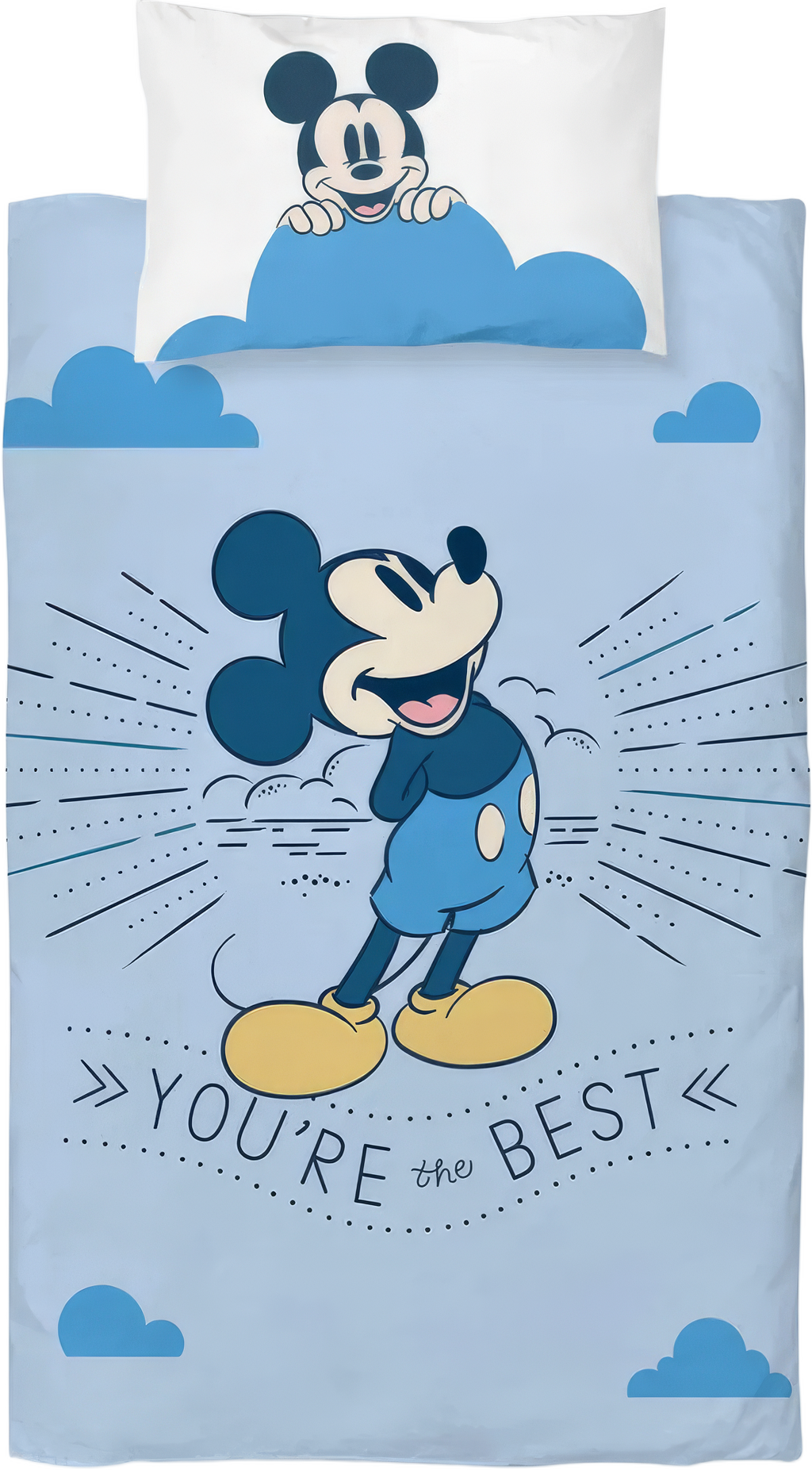 Detailaufnahme Bettwäsche‑Set mit Mickey‑Motiv. Vorderseite mit Mickey und „YOU’RE THE BEST“, Kissen mit Mickey‑Motiv.