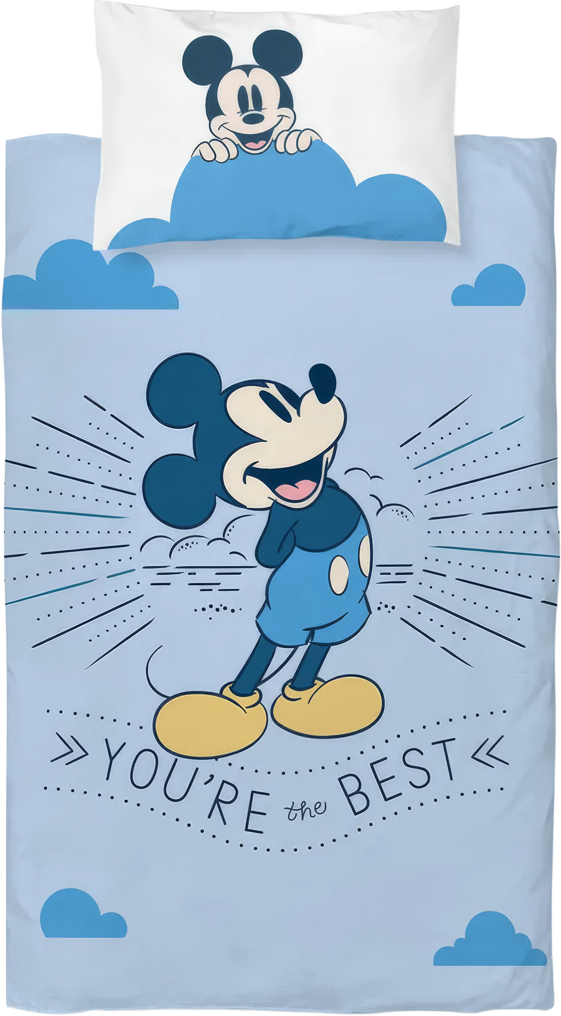 Detailaufnahme Bettwäsche‑Set mit Mickey‑Motiv. Vorderseite mit Mickey und „YOU’RE THE BEST“, Kissen mit Mickey‑Motiv.