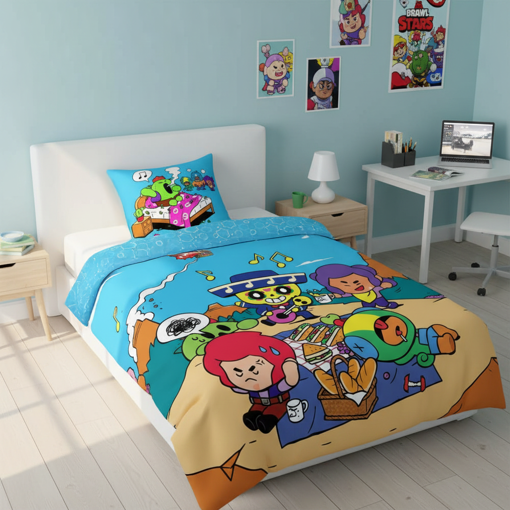 Farbenfrohe Brawl Stars Bettwäsche komplett aufgezogen auf einem gemütlichen Bett im modern dekorierten Kinderzimmer, um das Gaming-Design perfekt im Raum zu präsentieren.