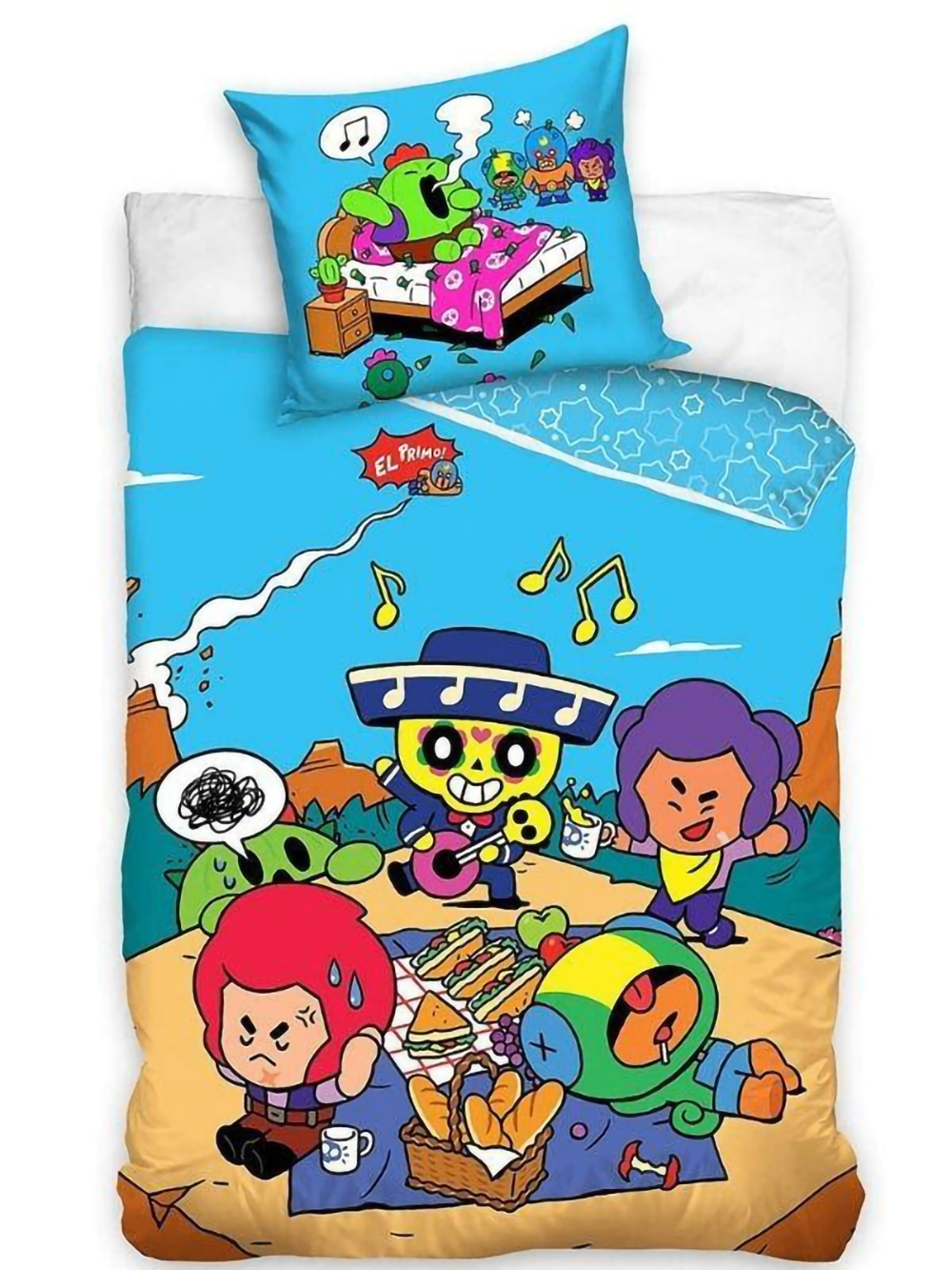 Die Vorderseite der Brawl Stars Bettwäsche zeigt die bekannten Spielehelden beim gemeinsamen Picknick; für eine unkomplizierte Pflege ist das Textil maschinenwaschbar und trocknergeeignet.