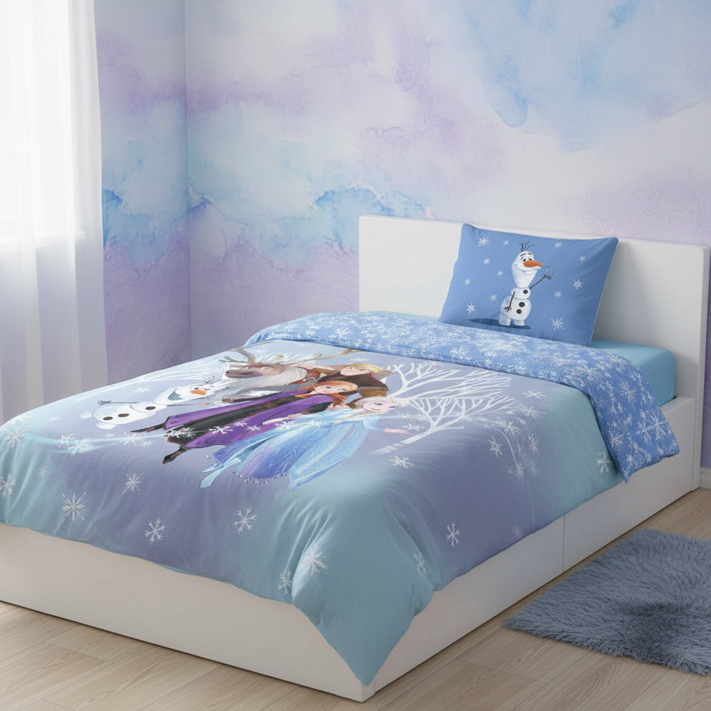 Frozen Bettwäsche komplett aufgezogen auf einem Bett vor einer blau-lilafarbenen Aquarell-Wand; die Decke zeigt das Gruppenmotiv mit Elsa und Anna, das Kissen zeigt den winkenden Olaf.