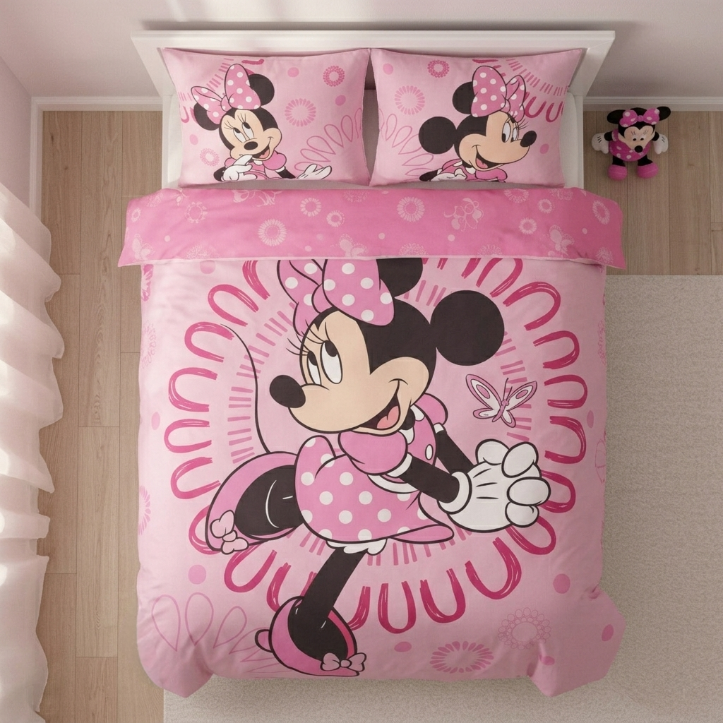 Pinkfarbene Minnie Mouse Kinderbettwäsche in der Draufsicht auf einem Bett; das Design zeigt die Disney-Figur in einem gemusterten Kreis auf der Decke sowie zwei passende Kissenbezüge.