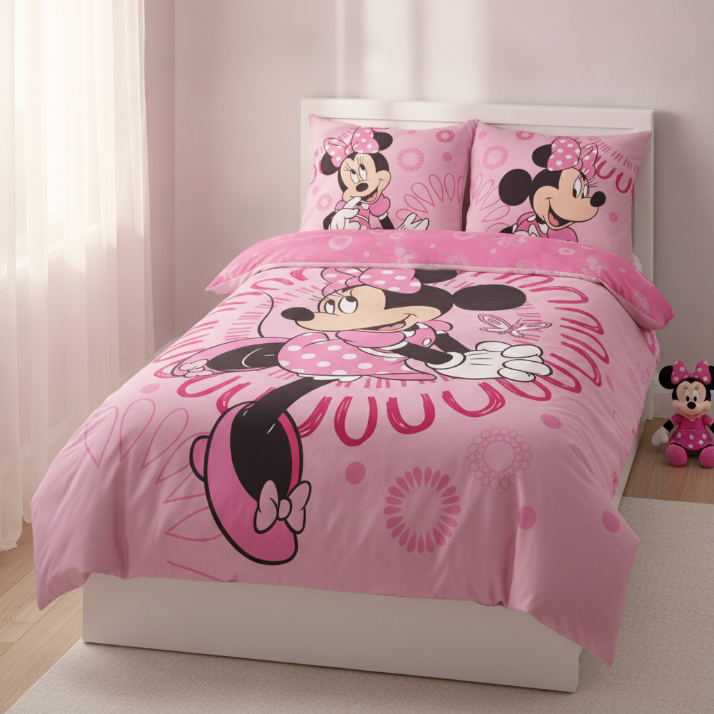 Minnie Mouse Kinderbettwäsche in schräger Frontalansicht auf einem weißen Bett; die rosafarbene Decke liegt glattgezogen im hellen Zimmer, rechts daneben sitzt eine kleine Plüschfigur.