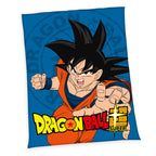 Detaillierte Produktansicht der blauen Dragon Ball Super Decke freigestellt auf weißem Hintergrund; das Design zeigt die Anime-Figur Son Goku in Kampfpose und den markanten Logo-Schriftzug.